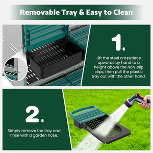 Instructions for removing a removable tray from a garden tool with cleaning instructions.
