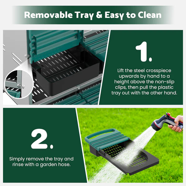 Instructions for removing a removable tray from a garden tool with cleaning instructions.