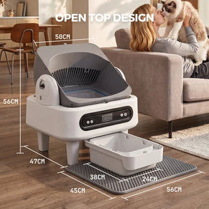 Pet washing machine with dimensions displayed in a living room setting at Pet Servo