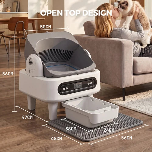 Pet washing machine with dimensions displayed in a living room setting at Pet Servo