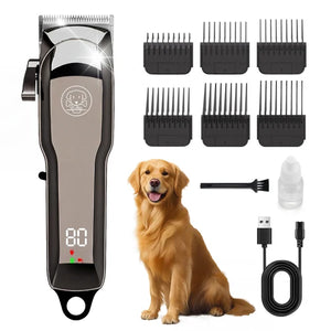 A pet clipper grooming kit shown on a white background, including the clipper unit, six black guide combs, a small cleaning brush, a clear bottle, a USB charging cable, and a golden retriever dog pictured in the center at Pet Servo