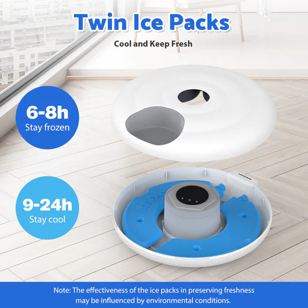Twin ice packs with text indicating cooling and freshness duration on a white background at Pet Servo