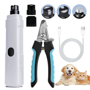 Pet grooming tool set with nail clippers, cable, and attachments on a white background at Pet Servo