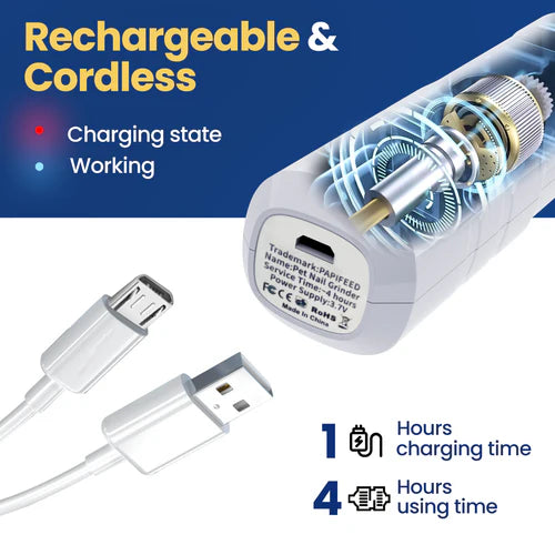 Rechargeable and cordless device with USB cable, charging state indicator, and usage time details at Pet Servo