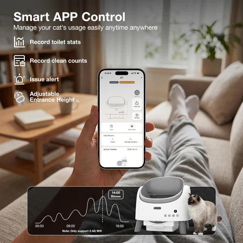 A person holds a smartphone showing a pet feeder app interface in a living room setting, with a cat feeder device pictured at the bottom right and a cat standing beside it. Text at the top reads 'Smart APP Control' and lists app features like toilet stats, clean counts, alerts, and adjustable entrance height at Pet Servo
