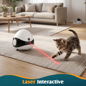 A small brown tabby kitten plays with a white and black spherical laser toy on a beige rug in a bright living room. A red laser beam points from the toy toward the kitten at Pet Servo