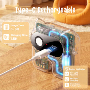 Type-C rechargeable device with glowing circuitry on a wooden surface at Pet Servo