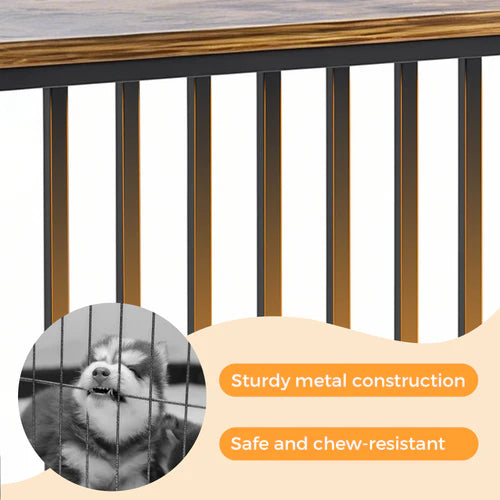 Wooden deck with metal railing and a dog peeking through the railing at Pet Servo