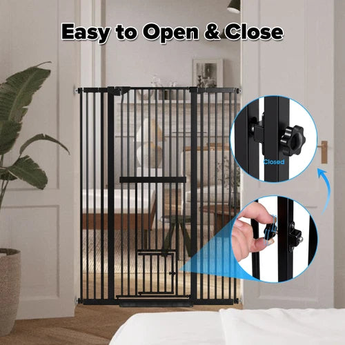 Black metal baby safety gate installed in a doorway, with text reading 'Easy to Open & Close' and two circular inset callouts showing the latch in closed and open positions. A hand is visible in one inset demonstrating the latch at Pet Servo