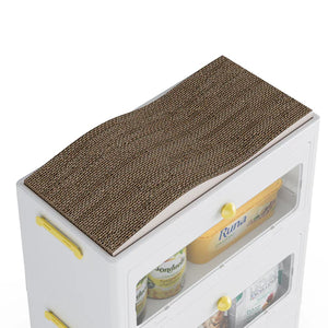 White cabinet with a brown scratch pad on top, containing products inside at Pet Servo