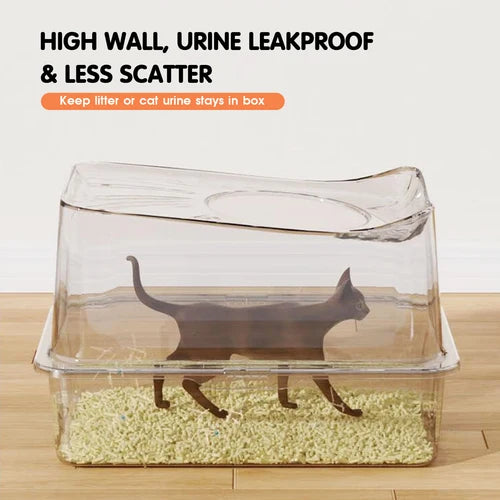 A clear plastic cat litter box with a raised high wall and transparent lid, shown on a wood floor with cat litter inside. A dark cat silhouette is overlaid across the box, and marketing text at the top reads 'HIGH WALL, URINE LEAKPROOF & LESS SCATTER' at Pet Servo