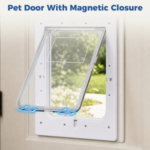 A pet door with magnetic closure shown installed on a white door frame, with the hinged clear flap swung open. The image includes the text 'Pet Door With Magnetic Closure' and depicts a garden view through the opening at Pet Servo