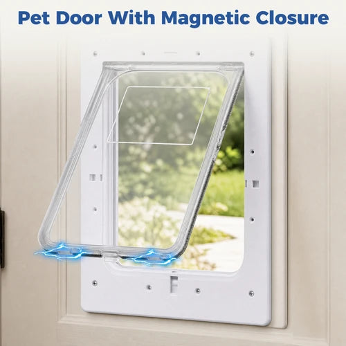 A pet door with magnetic closure shown installed on a white door frame, with the hinged clear flap swung open. The image includes the text 'Pet Door With Magnetic Closure' and depicts a garden view through the opening at Pet Servo