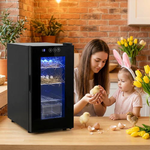 Woman and child with chicks in a kitchen setting next to a small refrigerator at Pet Servo