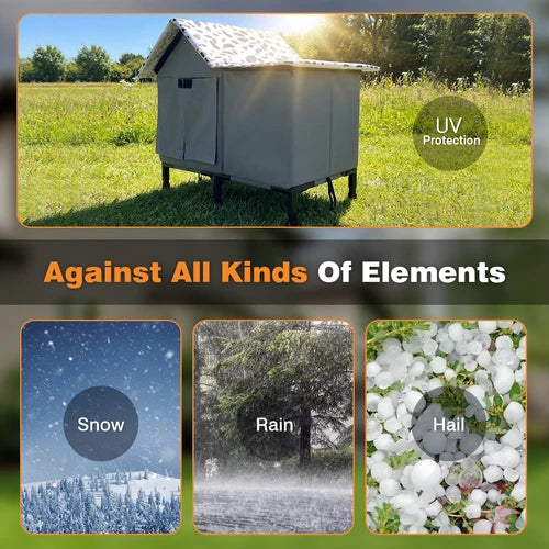 A composite promotional graphic for an outdoor dog shelter. The top panel shows the gray shelter standing on grass in a sunny field with a 'UV Protection' badge at Pet Servo