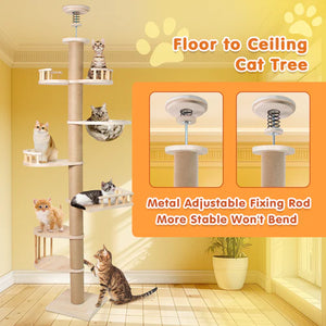 Cat tree with multiple levels and shelves, featuring a metal adjustable fixing rod, in a room setting at Pet Servo