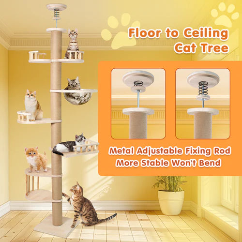 Cat tree with multiple levels and shelves, featuring a metal adjustable fixing rod, in a room setting at Pet Servo