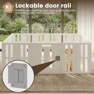 Lockable door rail for pet gates with a dog peeking through, set outdoors at Pet Servo