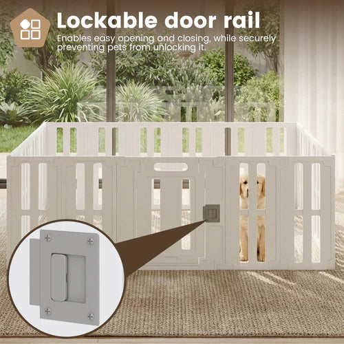 Lockable door rail for pet gates with a dog peeking through, set outdoors at Pet Servo