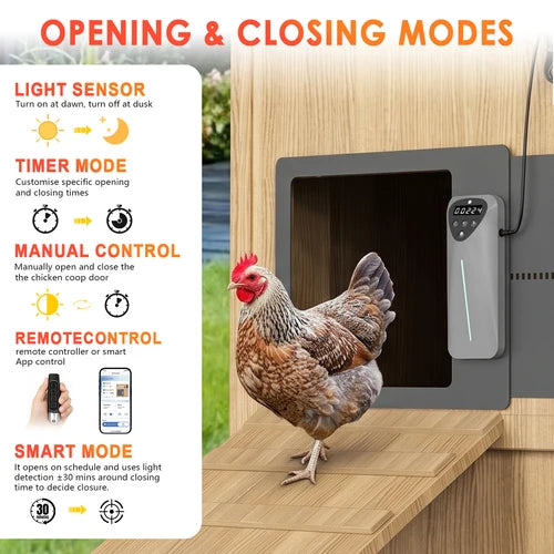 An automatic chicken coop door shown in a real outdoor setting with a brown chicken standing beside it. The right side shows the door and remote/control unit, while the left side has an informational panel titled 'OPENING & CLOSING MODES' with icons and text for light sensor, timer, manual control, remote control, smart mode, and app control at Pet Servo