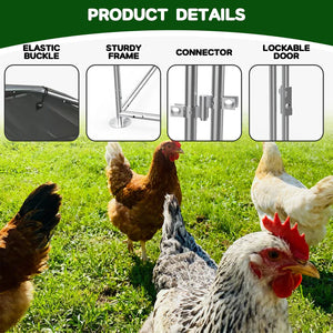 Hens in a grassy area with product features highlighted on a green background