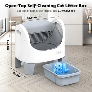 Open-top self-cleaning cat litter box with a white exterior, gray interior, and a separate gray litter tray on a light wood floor. The image includes dimension labels 50 at Pet Servo