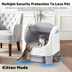 A white and gray automatic cat litter box shown in a living room setting with two cats using it, one sitting inside and one standing outside on the open base. The image includes marketing text at the top and bottom describing 'Multiple Security Protection To Love Pet' and 'Kitten Mode' at Pet Servo