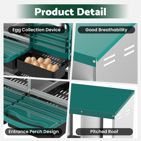 Product detail collage with features like egg collection device, good breathability, entrance perch design, and pitched roof.