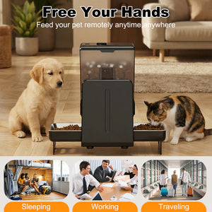 Pet feeder with two pets eating, text 'Free Your Hands' and 'Feed your pet remotely anytime anywhere' at Pet Servo