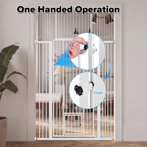 White metal gate with one-handed operation feature, showing a hand opening it at Pet Servo