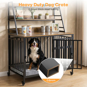 Heavy-duty dog crate with a dog inside, placed in a room with a bookshelf and decor at Pet Servo