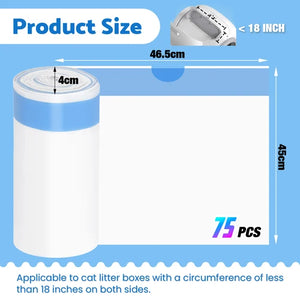 Product size diagram for a roll of white cat litter box liners with blue bands, showing dimensions of 46.5 cm by 45 cm and a single liner thickness of 4 cm, with text indicating 75 pieces and applicability to cat litter boxes under 18 inches circumference at Pet Servo