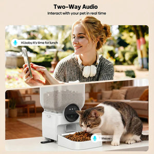 Woman using a smartphone with two-way audio feature, overlaid on a scene of a cat eating from a pet feeder at Pet Servo