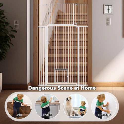 White baby gate installed at the top of a set of stairs with safety hazards depicted below at Pet Servo