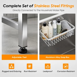 Stainless steel sink with adjustable feet and soap box, featuring text and icons about product features at Pet Servo