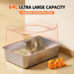 A large capacity cat litter box with a transparent lid, shown with a gray tabby cat sitting inside on sand. The image includes promotional text reading '64L ULTRA LARGE CAPACITY' and 'Maximize Comfort for Cats' along with orange '64L' numbers on the floor at Pet Servo