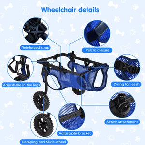 Blue mesh pet wheelchair with black frame and wheels, shown on a light blue patterned background with callout circles labeled for product details such as reinforced strap, velcro closure, adjustable legs, D-ring for leash, damping and slide-wheel, and screw attachment at Pet Servo