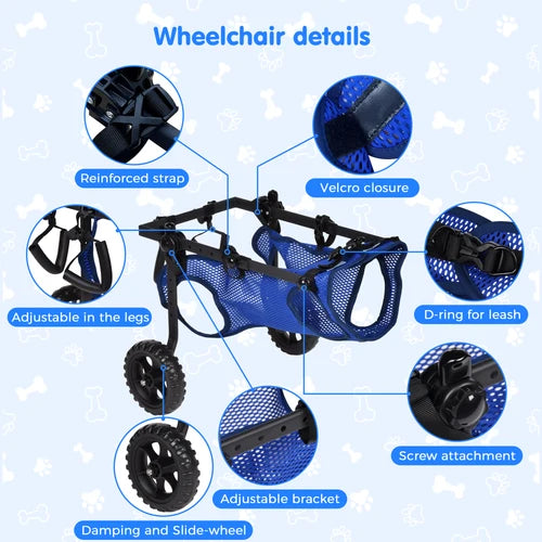 Blue mesh pet wheelchair with black frame and wheels, shown on a light blue patterned background with callout circles labeled for product details such as reinforced strap, velcro closure, adjustable legs, D-ring for leash, damping and slide-wheel, and screw attachment at Pet Servo