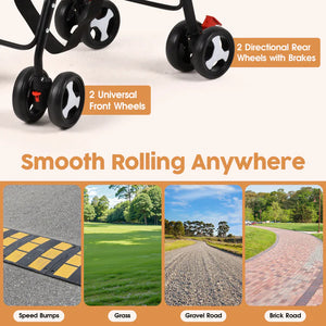 Product with wheels labeled '2 Universal Front Wheels' and '2 Directional Rear Wheels with Brakes', featuring images of different terrains.