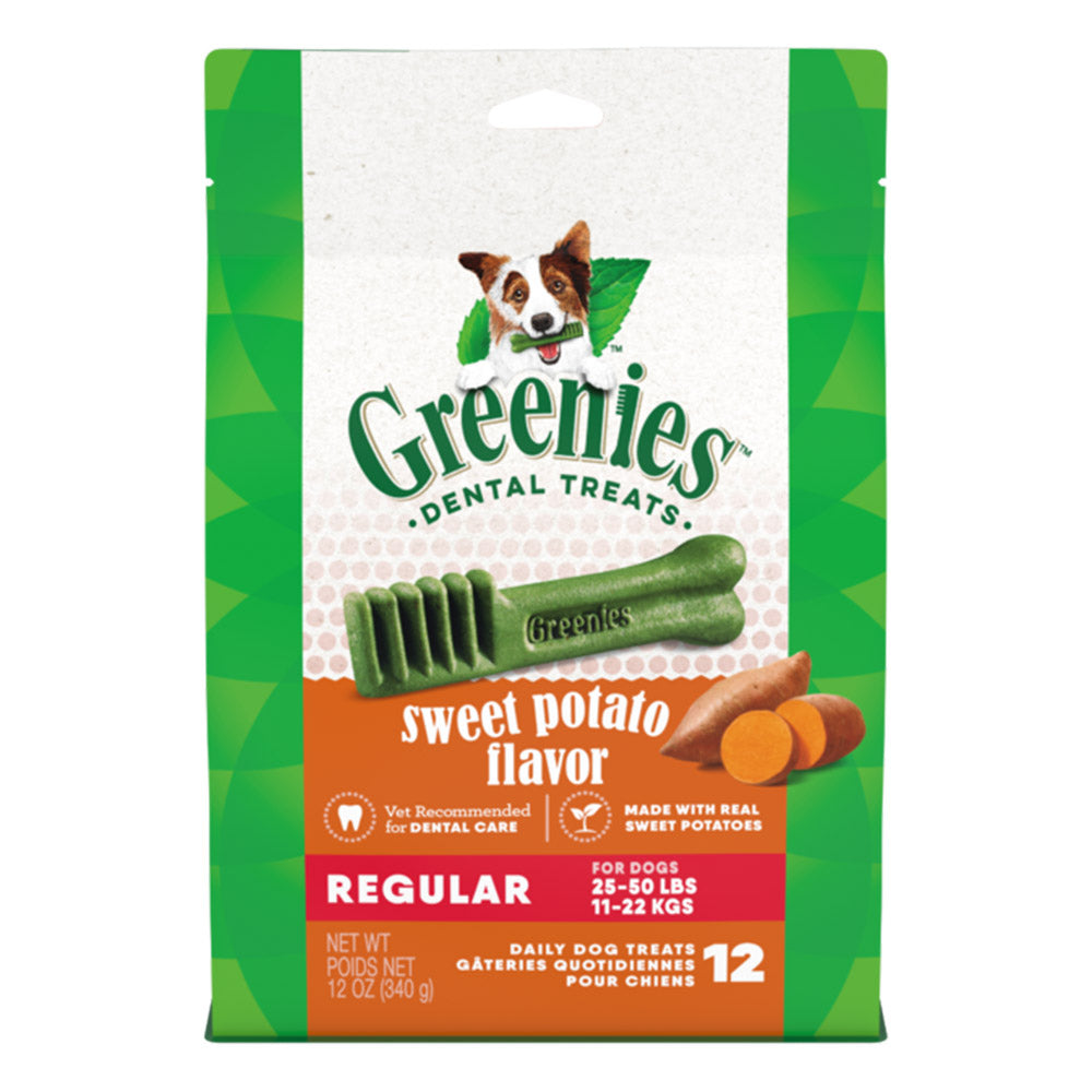 Greenies dental treats packaging for dogs with sweet potato flavor on a white background at Pet Servo