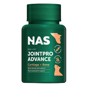 Green bottle of NAS Jointpro Advance supplement for dogs and cats on a white background at petservo
