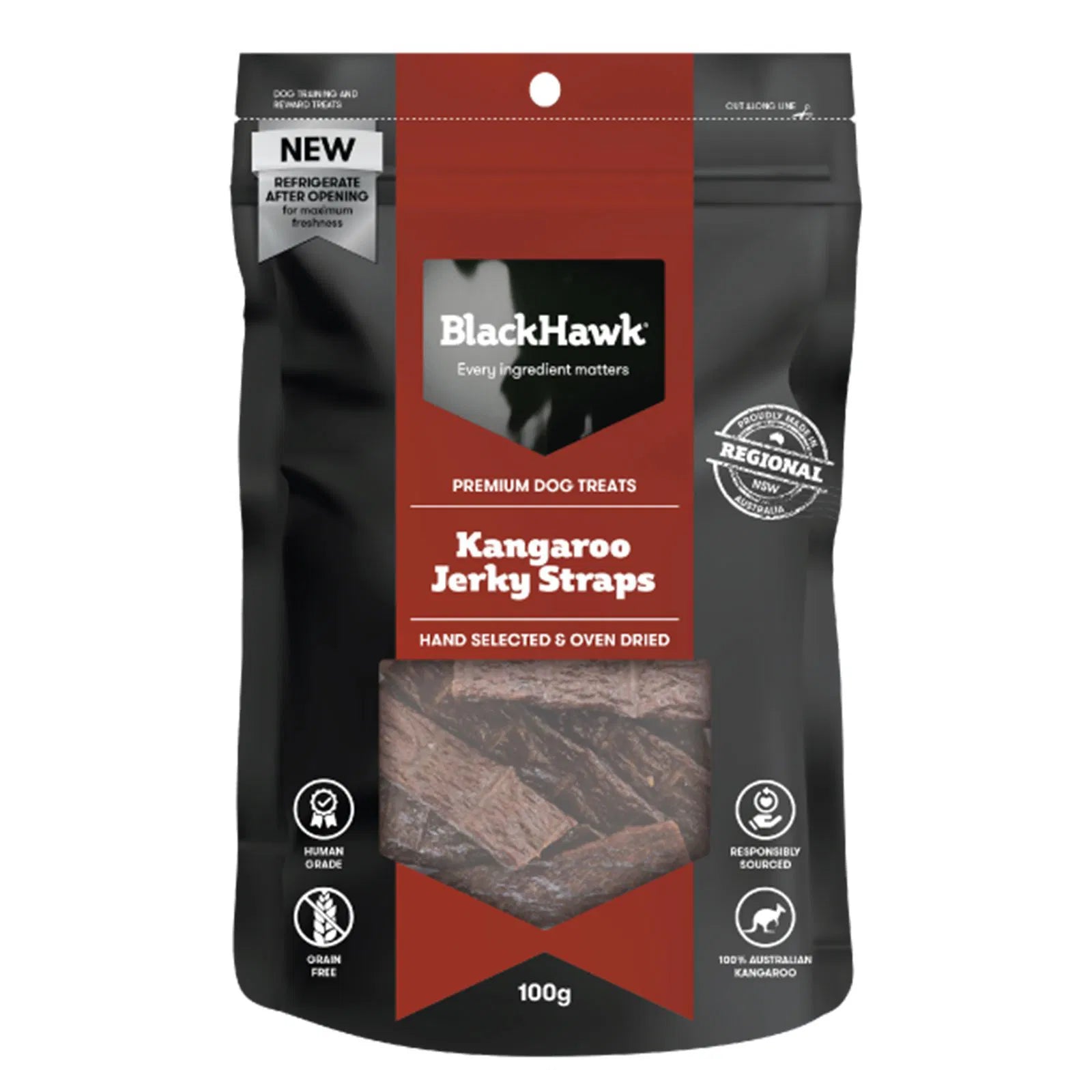 Black Hawk Kangaroo Jerky Straps packaging on a white background at Pet Servo