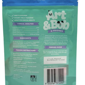 Back of a green pet treat package with 'Art & Bob & Friends' branding, including text and a barcode.