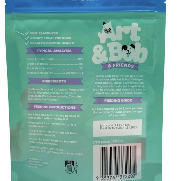 Back of a green pet treat package with 'Art & Bob & Friends' branding, including text and a barcode.
