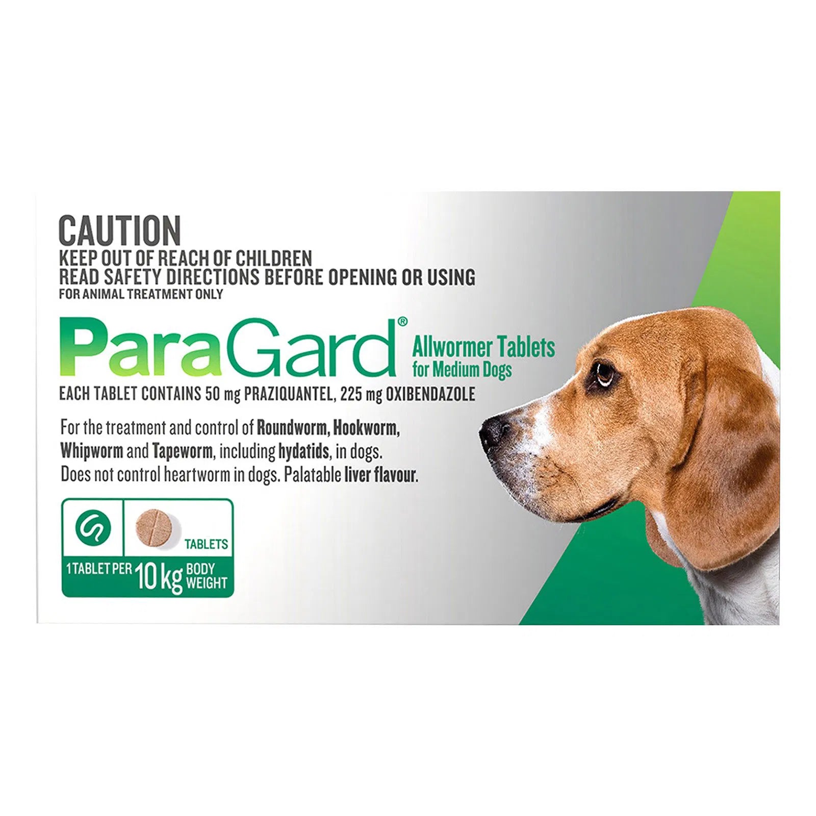 ParaGard allwormer tablets packaging for medium dogs with a dog's face on a green and gray background Pet Servo