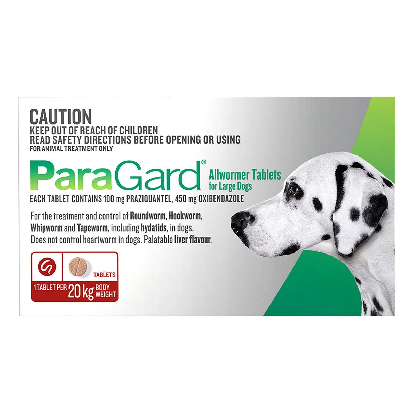 ParaGard all wormer tablets packaging for large dogs with a Dalmatian dog on a white background at Pet Servo