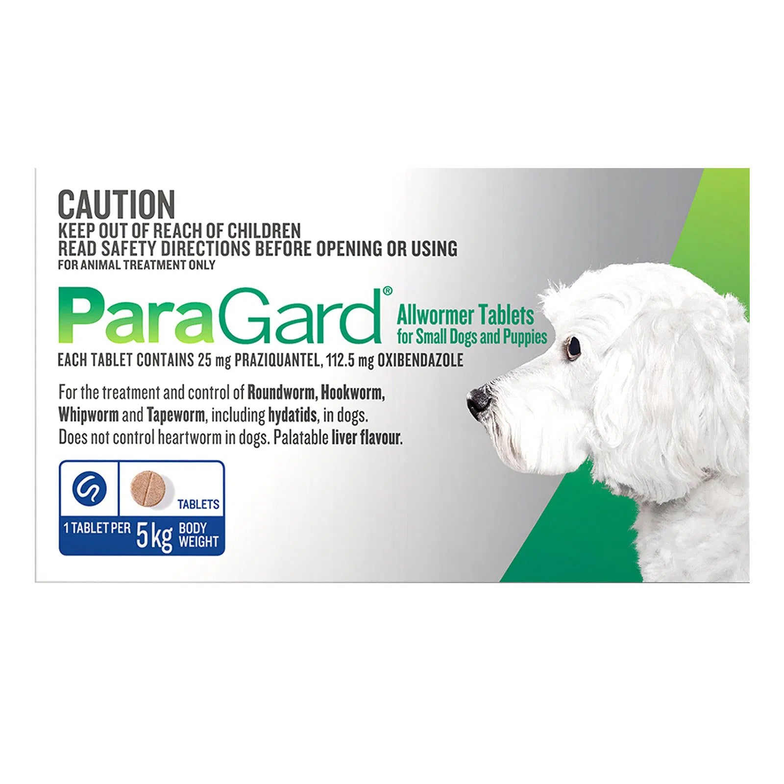 Paradigm Allwormer Tablets packaging for small dogs with a white dog on a green and gray background at Pet Servo