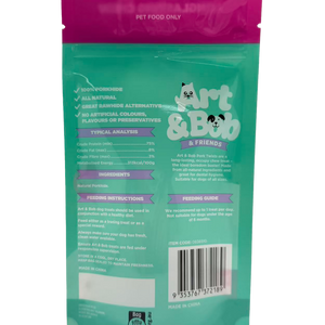 Pet food packaging with 'Art & Bob' branding on a green and pink background
