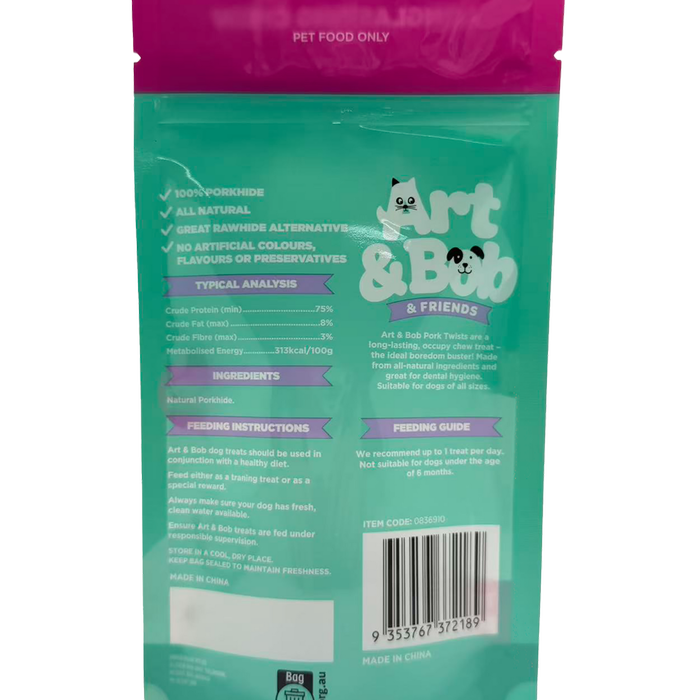 Pet food packaging with 'Art & Bob' branding on a green and pink background