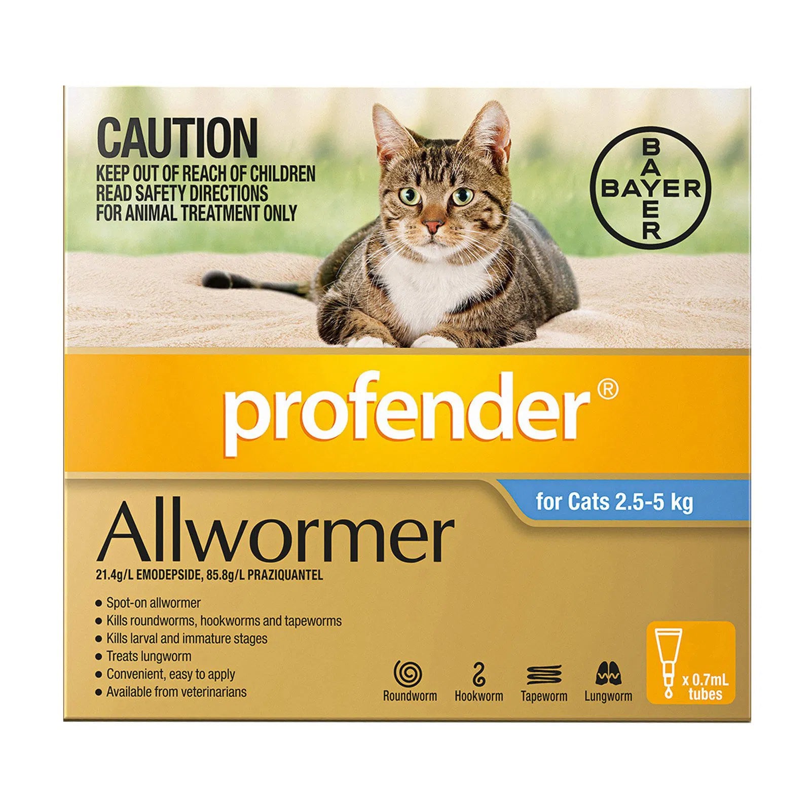 Profender all wormer packaging for cats with a cat on a beige blanket at  Pet Servo